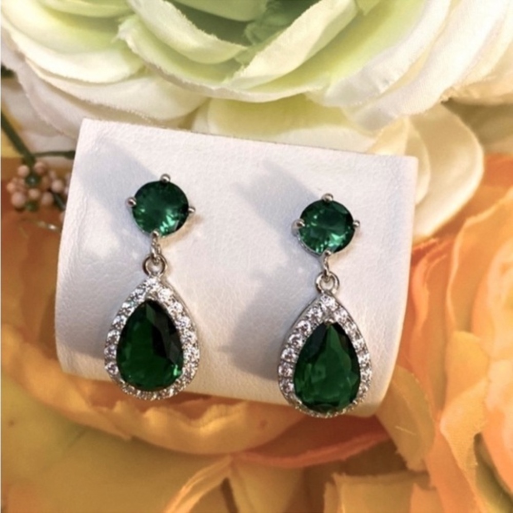 Emerald Gemstone & CZ Diamond Encased Stud Earrings NEW!